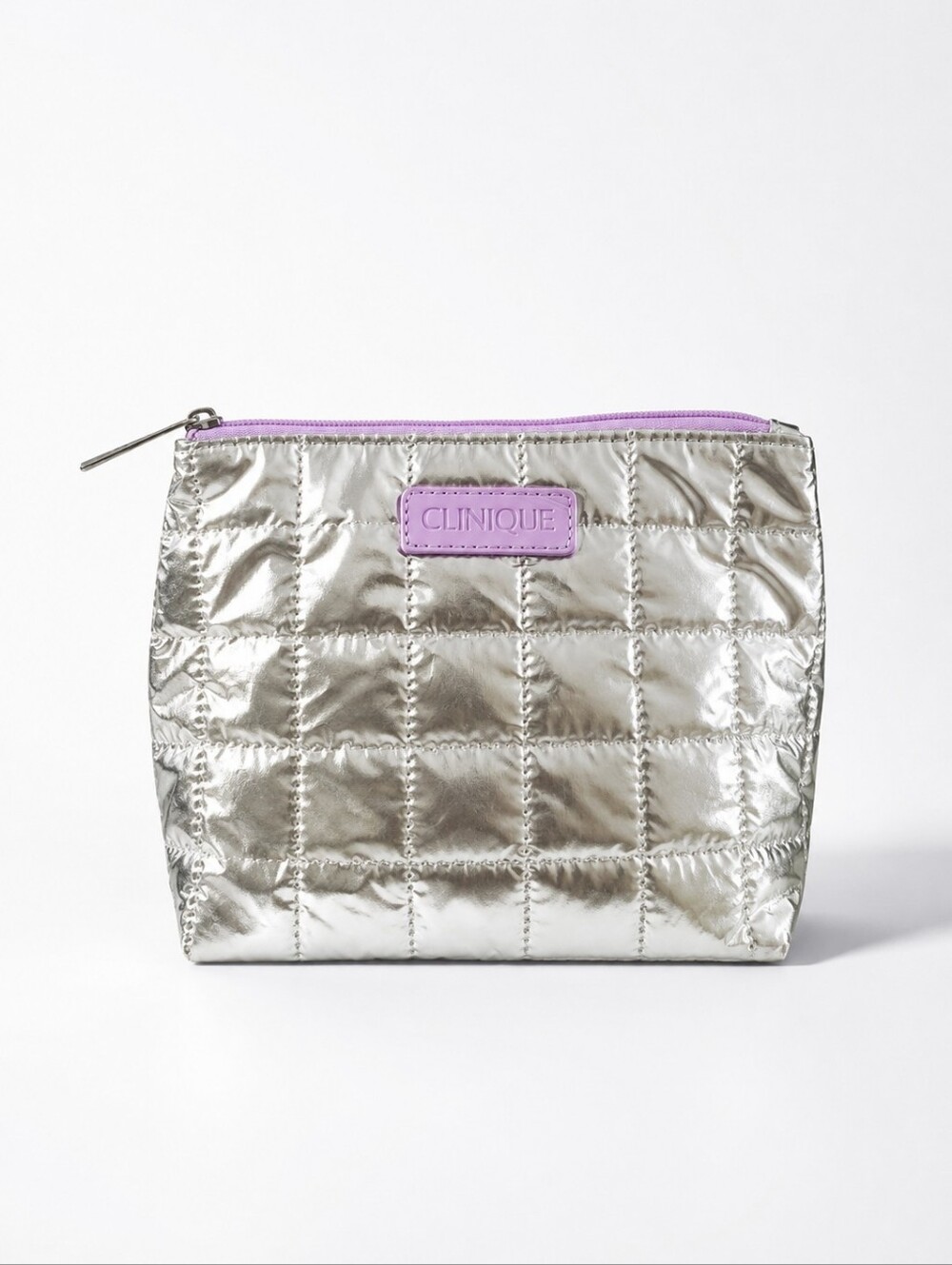 Clinique Metallic Silver Quilted Cosmetic Puffer Makeup Bag NWOT